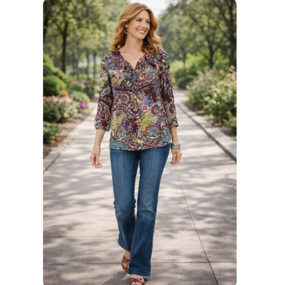 Chico's Sublime Paisley Ruffle Boho Top - Picture 3 of 9